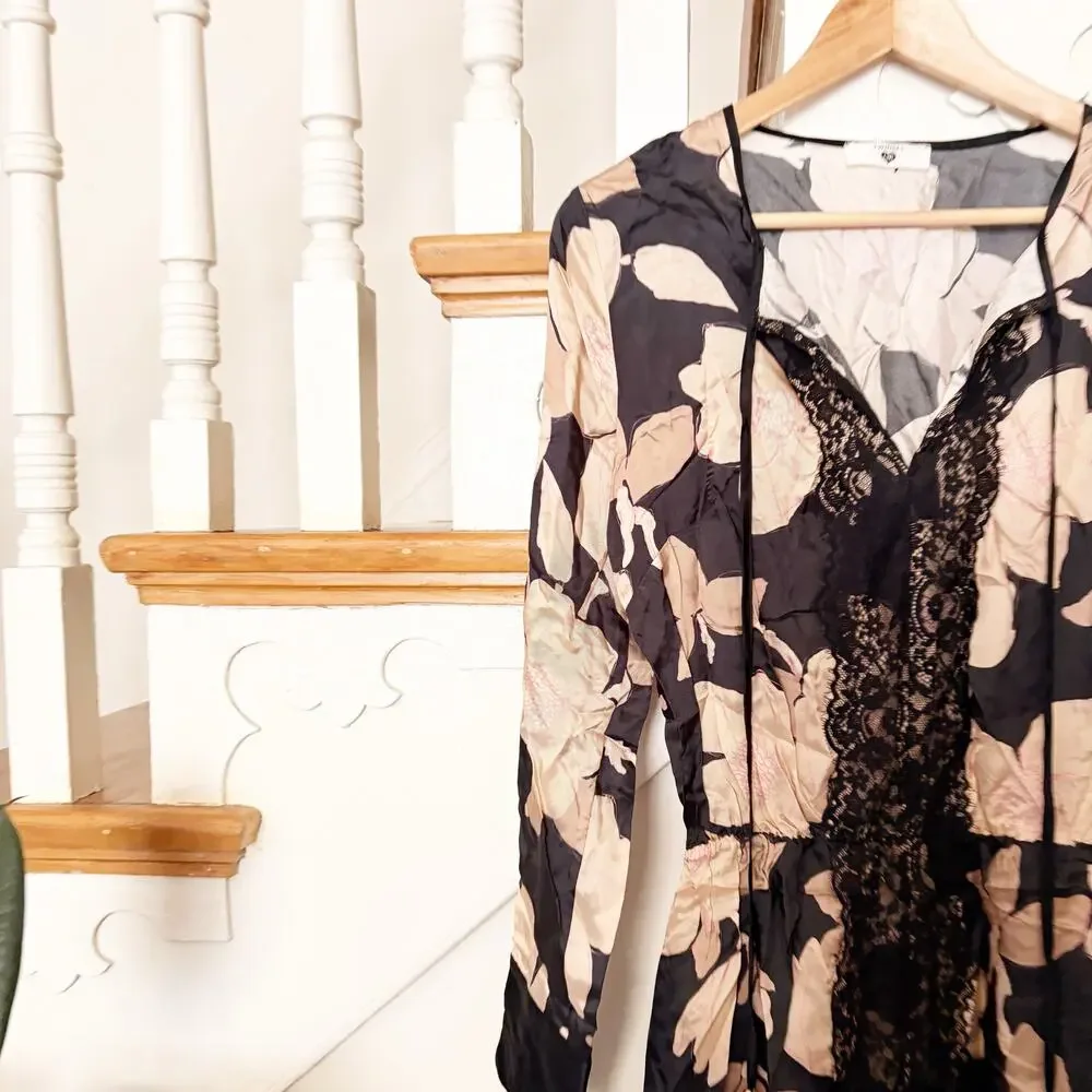 Twinset U&B Floral Print Lace Trim Midi Dress Black Beige Viscose Blend Size S